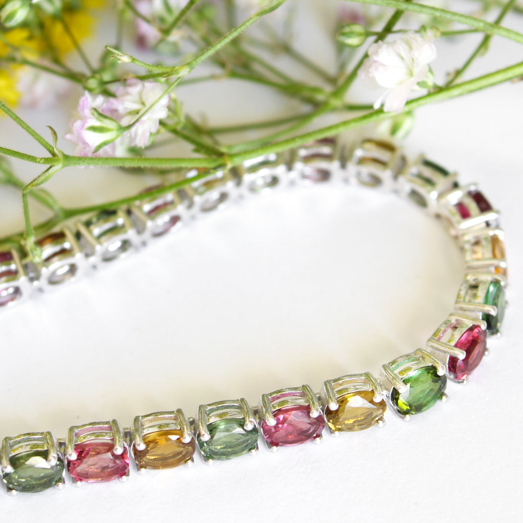 Multi-Stone Four Claw Set Tourmaline Oval Cut Silver Bracelet