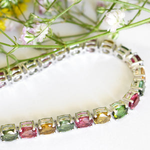 Multi-Stone Four Claw Set Tourmaline Oval Cut Silver Bracelet
