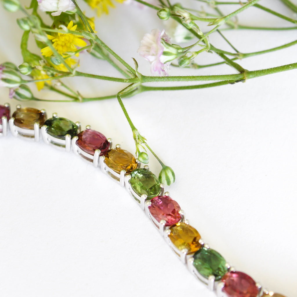 Multi-Stone Four Claw Set Tourmaline Oval Cut Silver Bracelet