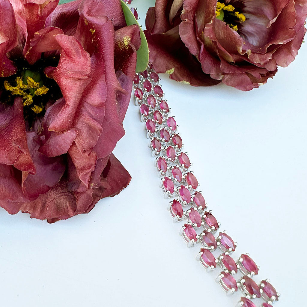 Multi-Stone Marquise Cut Ruby Silver Bracelet