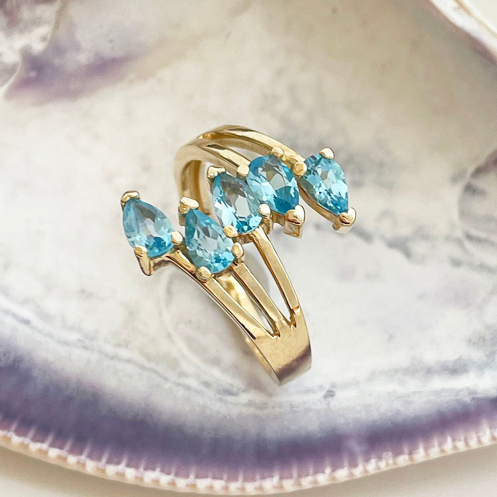 Multiple Blue Topaz Pear Cut yellow Gold Ring