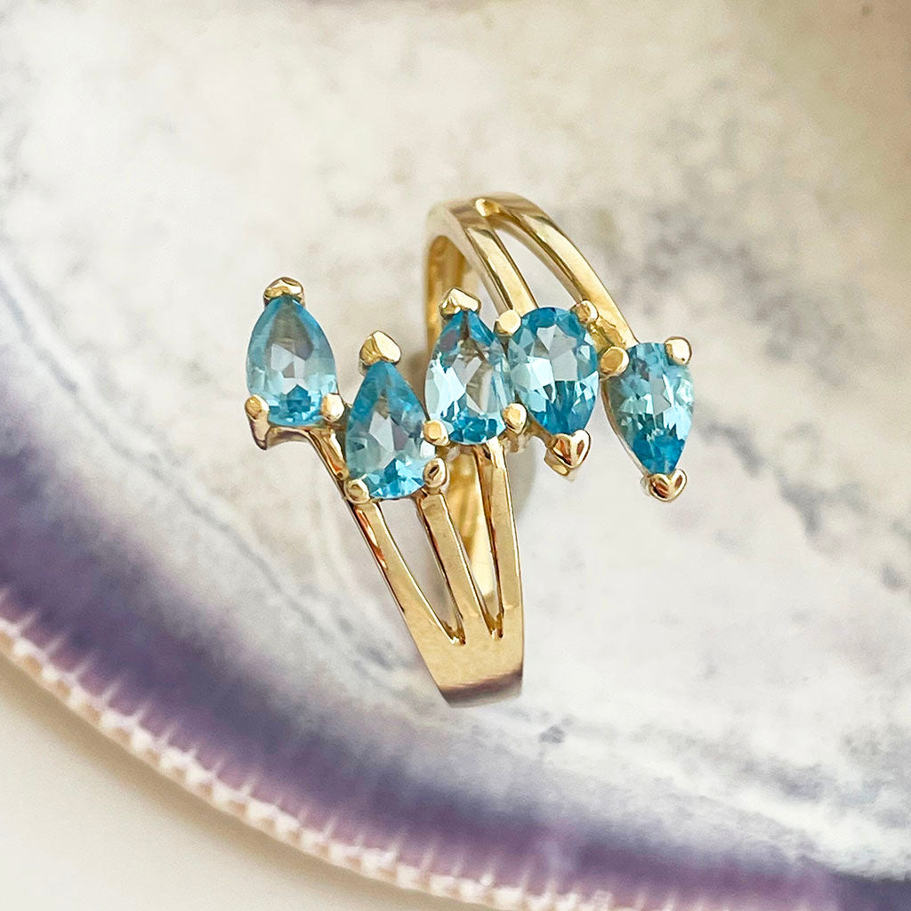 Multiple Blue Topaz Pear Cut yellow Gold Ring