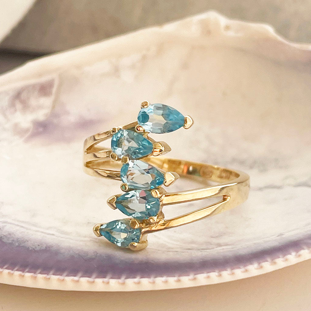 Multiple Blue Topaz Pear Cut yellow Gold Ring