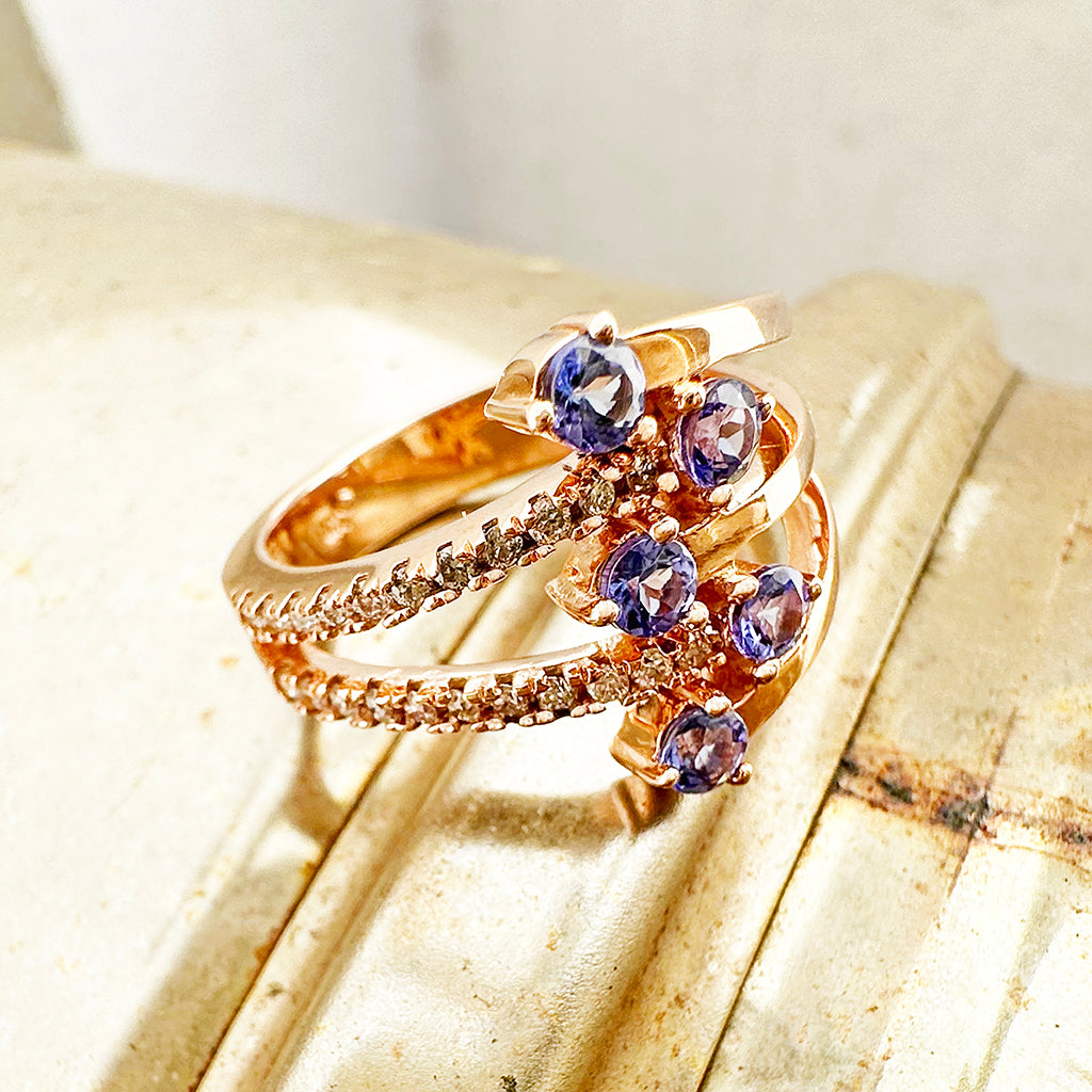 Multiband Tanzanite and Diamond Rose Gold Ring