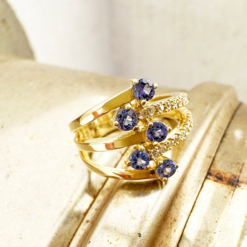 Multiband Tanzanite and Diamond Yellow Gold Ring