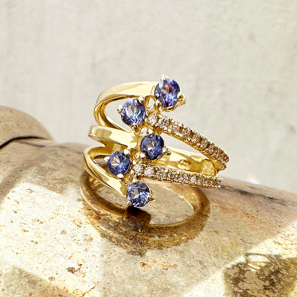 Multiband Tanzanite and Diamond Yellow Gold Ring