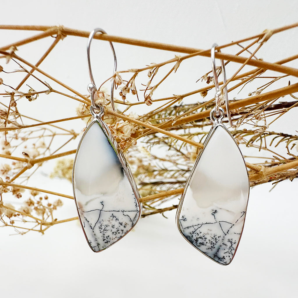 Natural Freeform Dendritic Agate Silver Drop Earrings - 55mm x 16mm