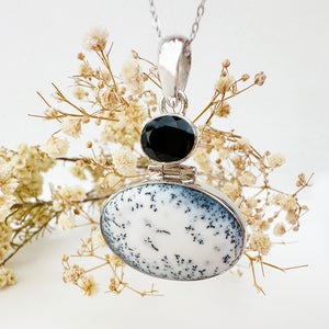 Natural Freeform Oval Dendritic Agate and Black Tourmaline Silver Pendant - 47mm x 35mm