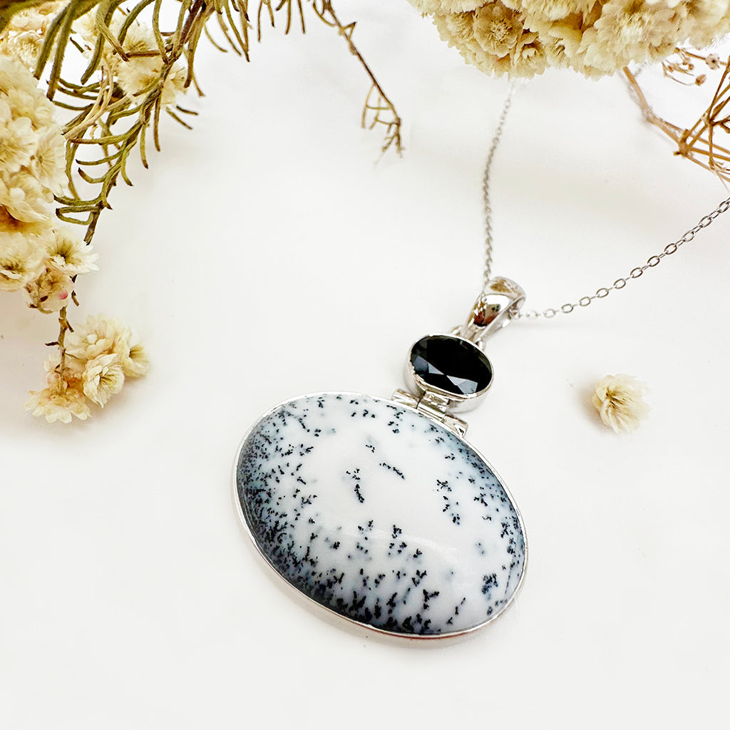 Natural Freeform Oval Dendritic Agate and Black Tourmaline Silver Pendant - 47mm x 35mm