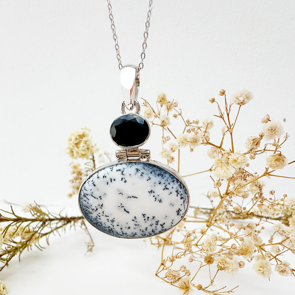 Natural Freeform Oval Dendritic Agate and Black Tourmaline Silver Pendant - 47mm x 35mm