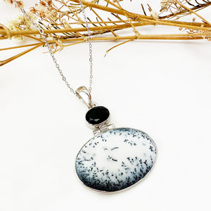 Natural Freeform Oval Dendritic Agate and Black Tourmaline Silver Pendant - 47mm x 35mm