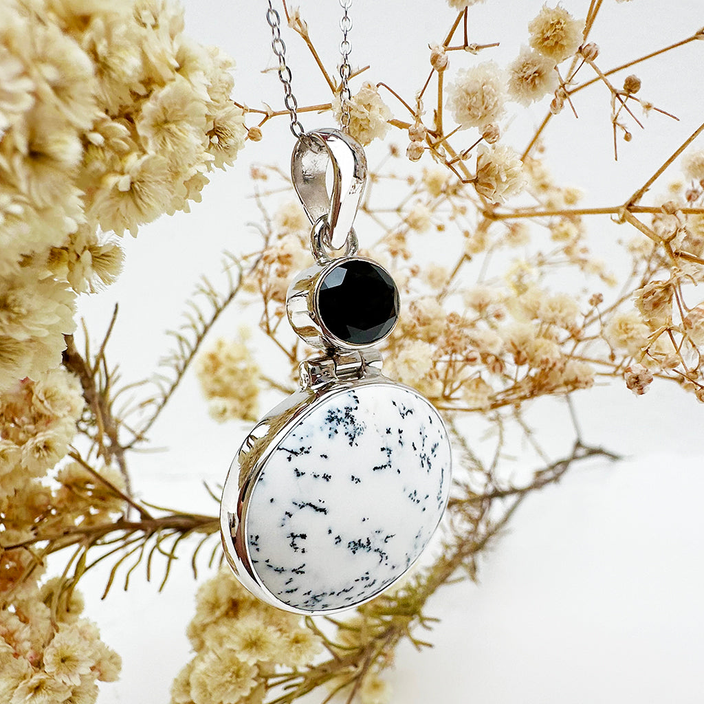 Natural Freeform Oval Dendritic Agate and Black Tourmaline Silver Pendant - 47mm x 30mm