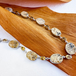 Natural Freeform Oval Leaf Jasper and Citrine Silver Necklace - 55.5cm x 18mm