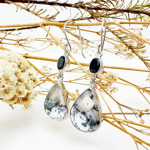Natural Freeform Pear Cut Dendritic Agate and Oval Tourmaline Silver Drop Earrings - 52mm x 15mm