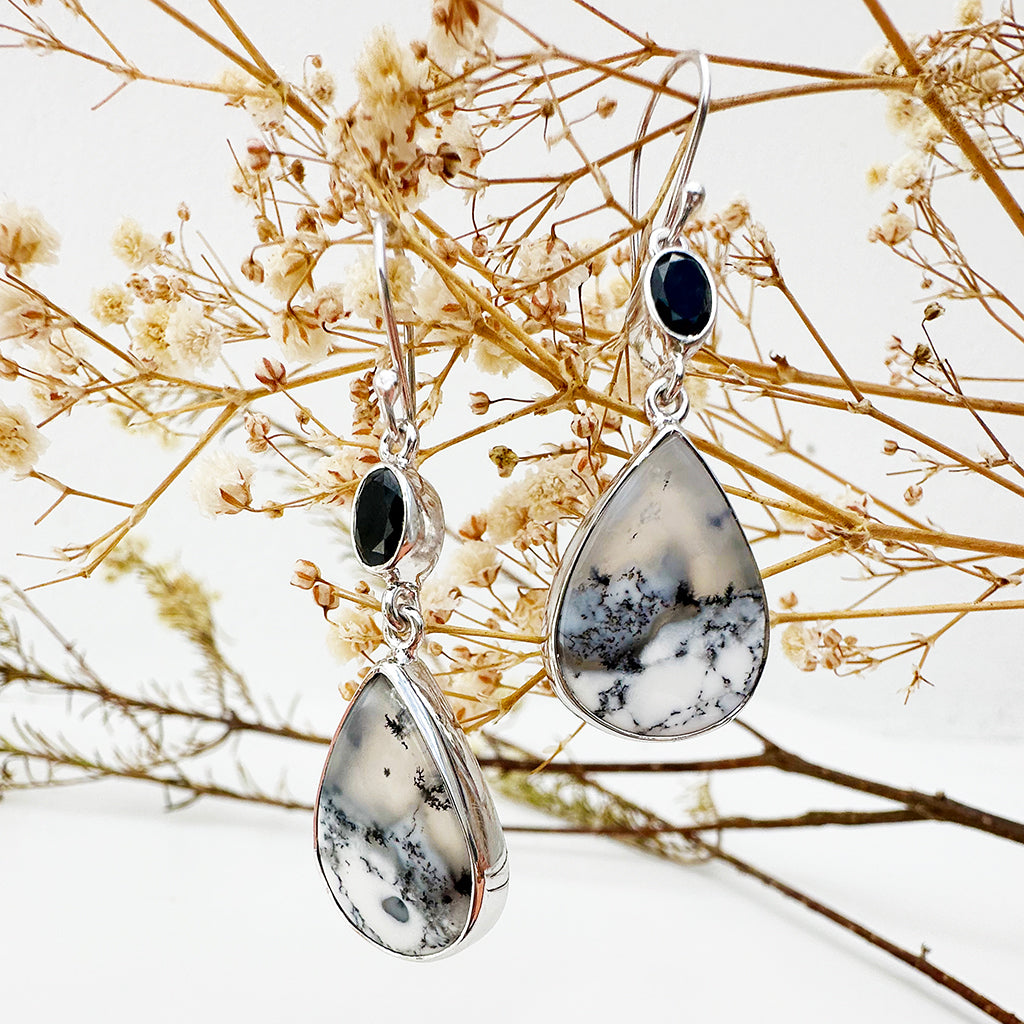 Natural Freeform Pear Cut Dendritic Agate and Oval Tourmaline Silver Drop Earrings - 52mm x 15mm