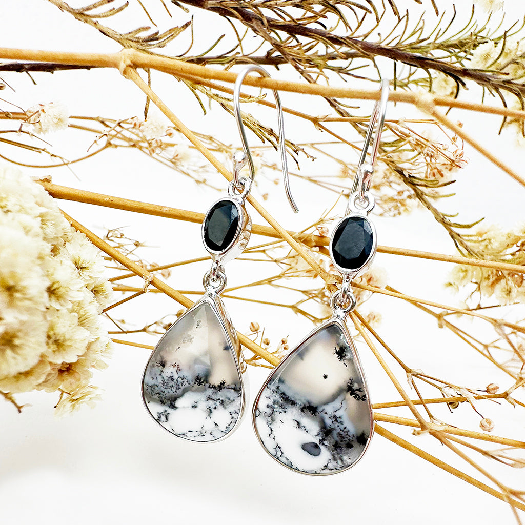 Natural Freeform Pear Cut Dendritic Agate and Oval Tourmaline Silver Drop Earrings - 52mm x 15mm