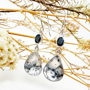 Natural Freeform Pear Cut Dendritic Agate and Oval Tourmaline Silver Drop Earrings - 52mm x 15mm