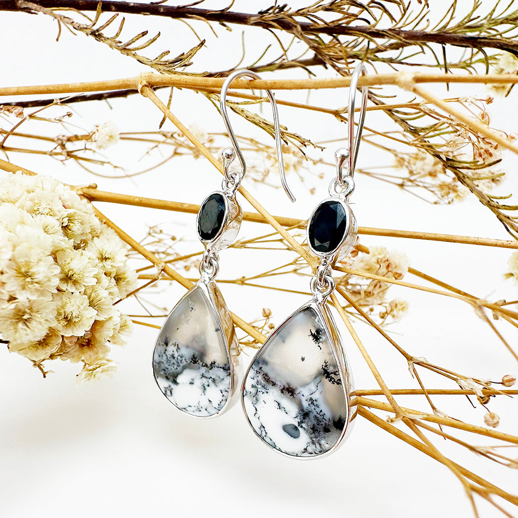 Natural Freeform Pear Cut Dendritic Agate and Oval Tourmaline Silver Drop Earrings - 58mm x 16mm