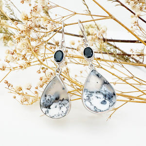 Natural Freeform Pear Cut Dendritic Agate and Oval Tourmaline Silver Drop Earrings - 58mm x 16mm