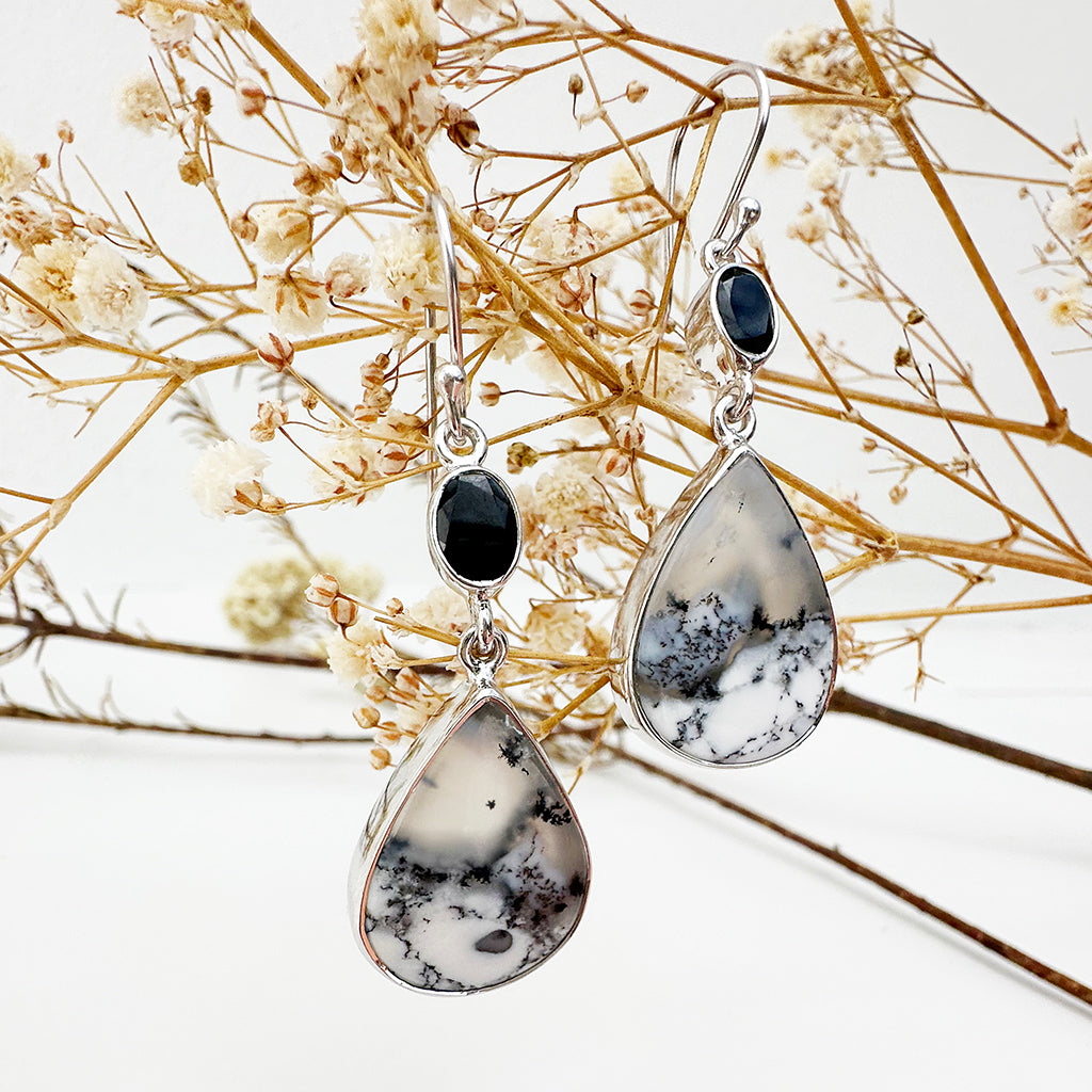 Natural Freeform Pear Cut Dendritic Agate and Oval Tourmaline Silver Drop Earrings - 58mm x 16mm