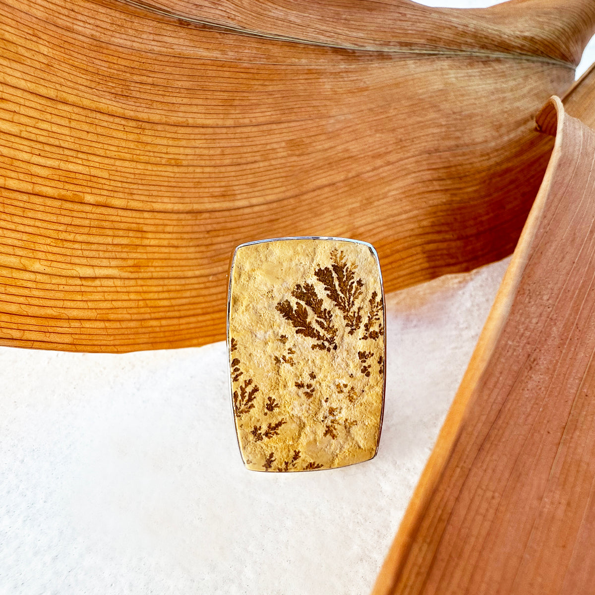 Natural Freeform Rectangular Leaf Jasper Silver Ring