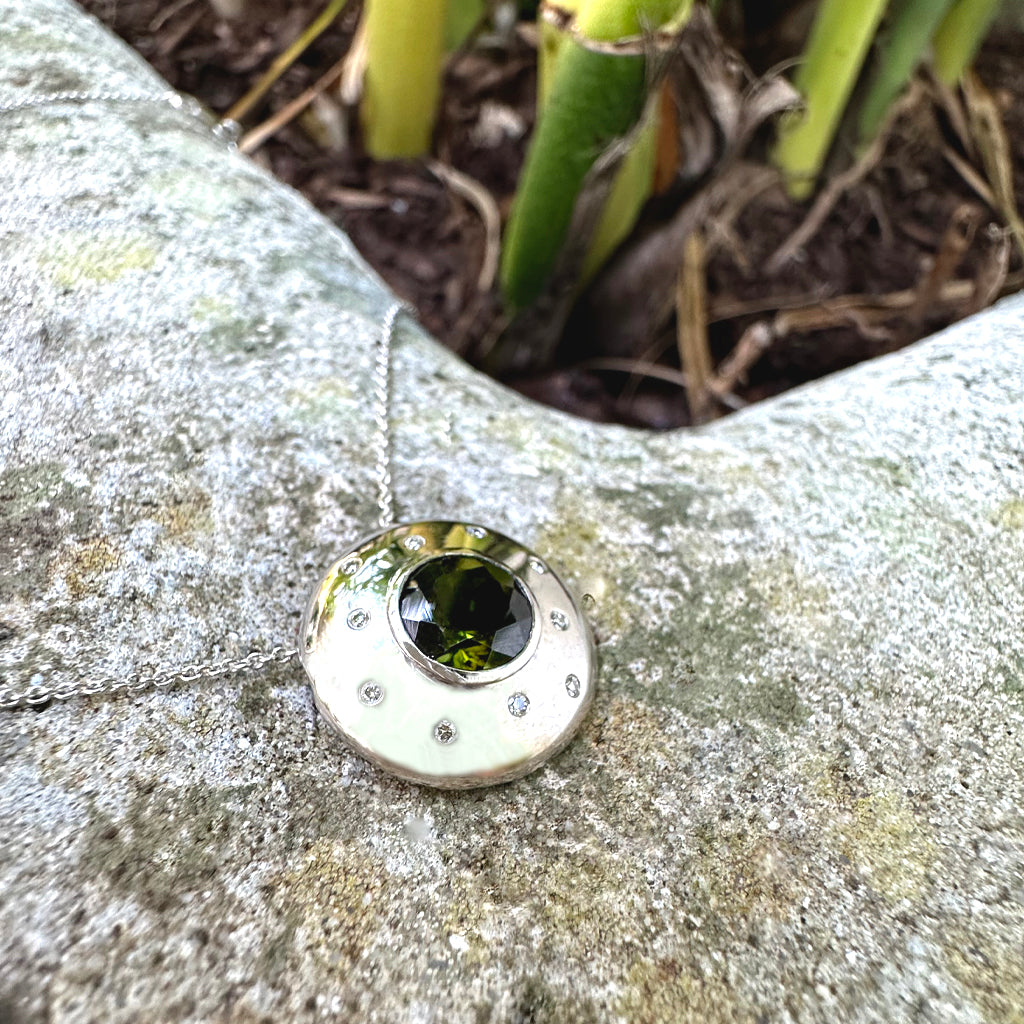 Nature Inspired Green Tourmaline and Diamond Speckled Shield White Gold Pendant