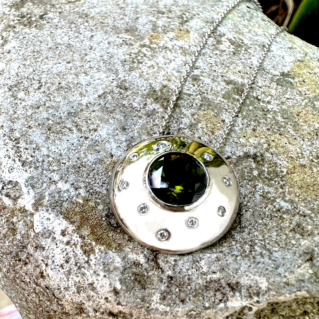 Nature Inspired Green Tourmaline and Diamond Speckled Shield White Gold Pendant