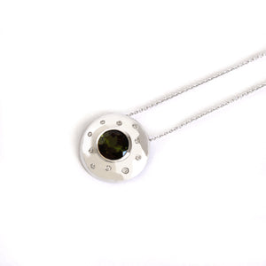 Nature Inspired Green Tourmaline and Diamond Speckled Shield White Gold Pendant