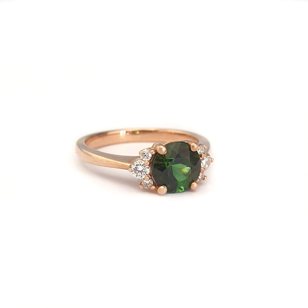 Old School Glamour Round Cut Tourmaline and Diamond Rose Gold Ring
