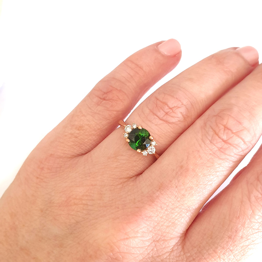 Old School Glamour Round Cut Tourmaline and Diamond Rose Gold Ring