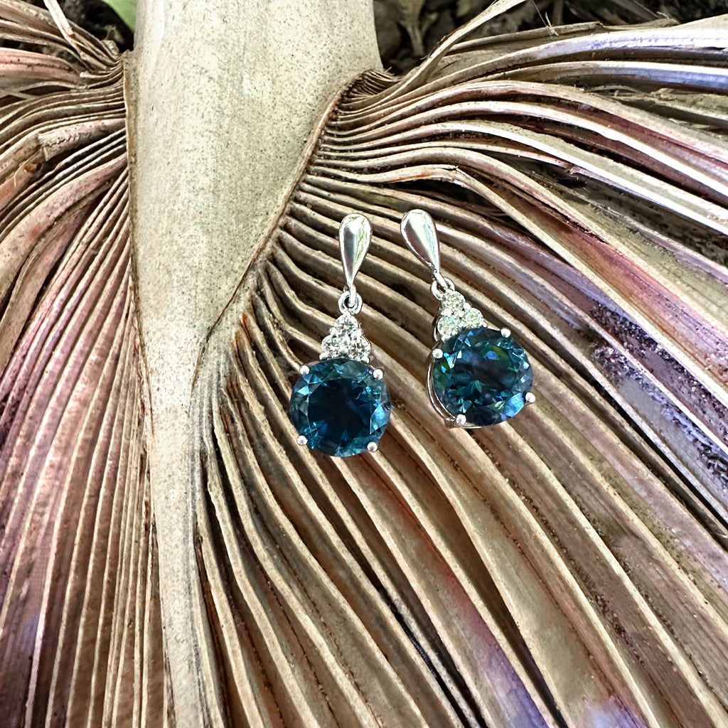Opulent London Blue Topaz and Trilogy Diamond Drop Earrings