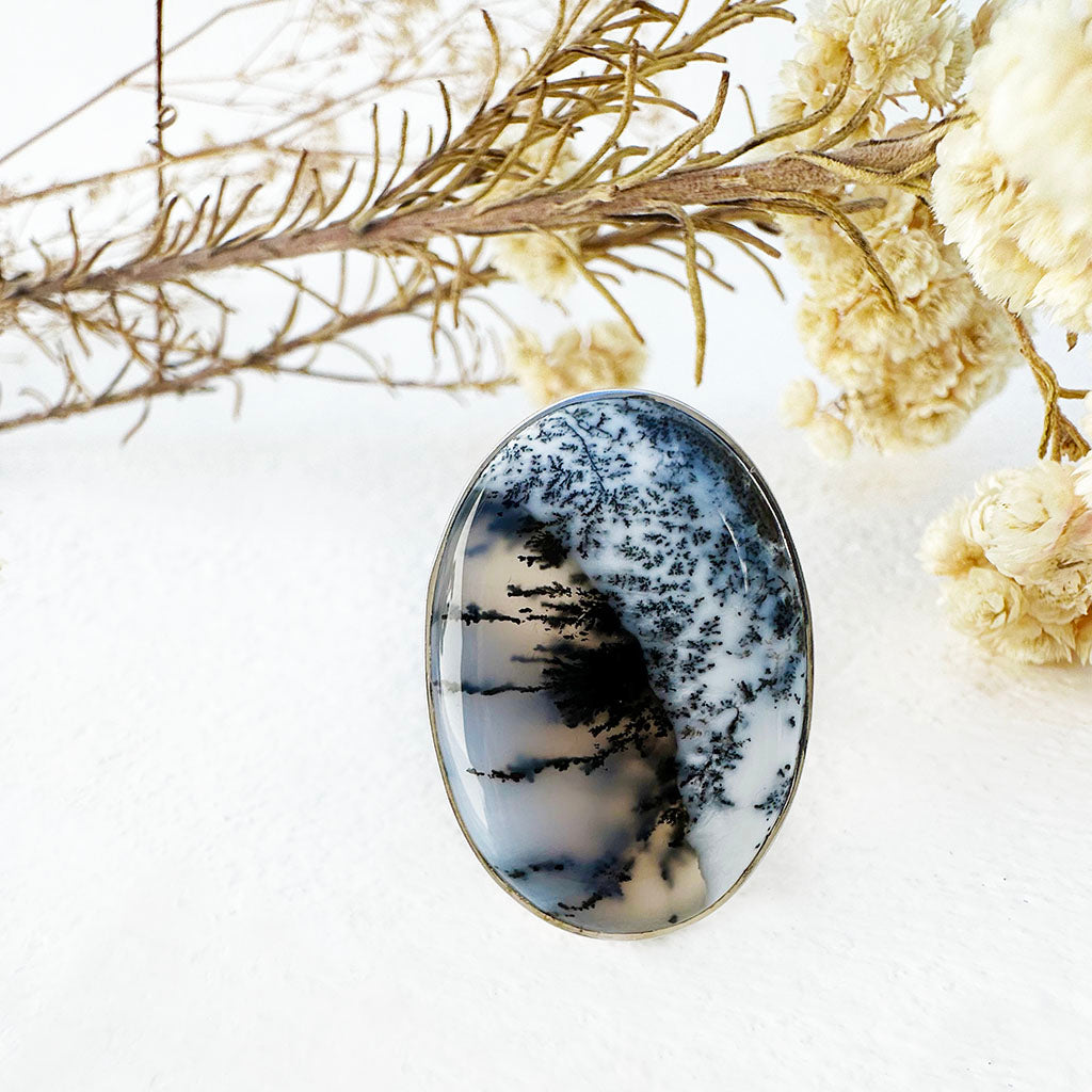 Natural Freeform Oval Cut Dendritic Agate Silver Ring - 30mm x 20mm