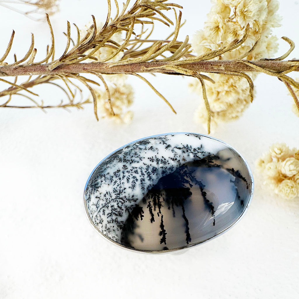 Natural Freeform Oval Cut Dendritic Agate Silver Ring - 30mm x 20mm