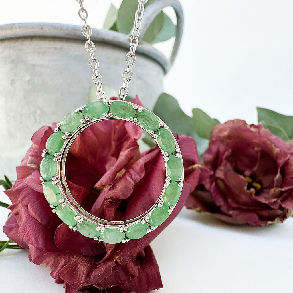 Oval Cut Emerald Halo Silver Pendant