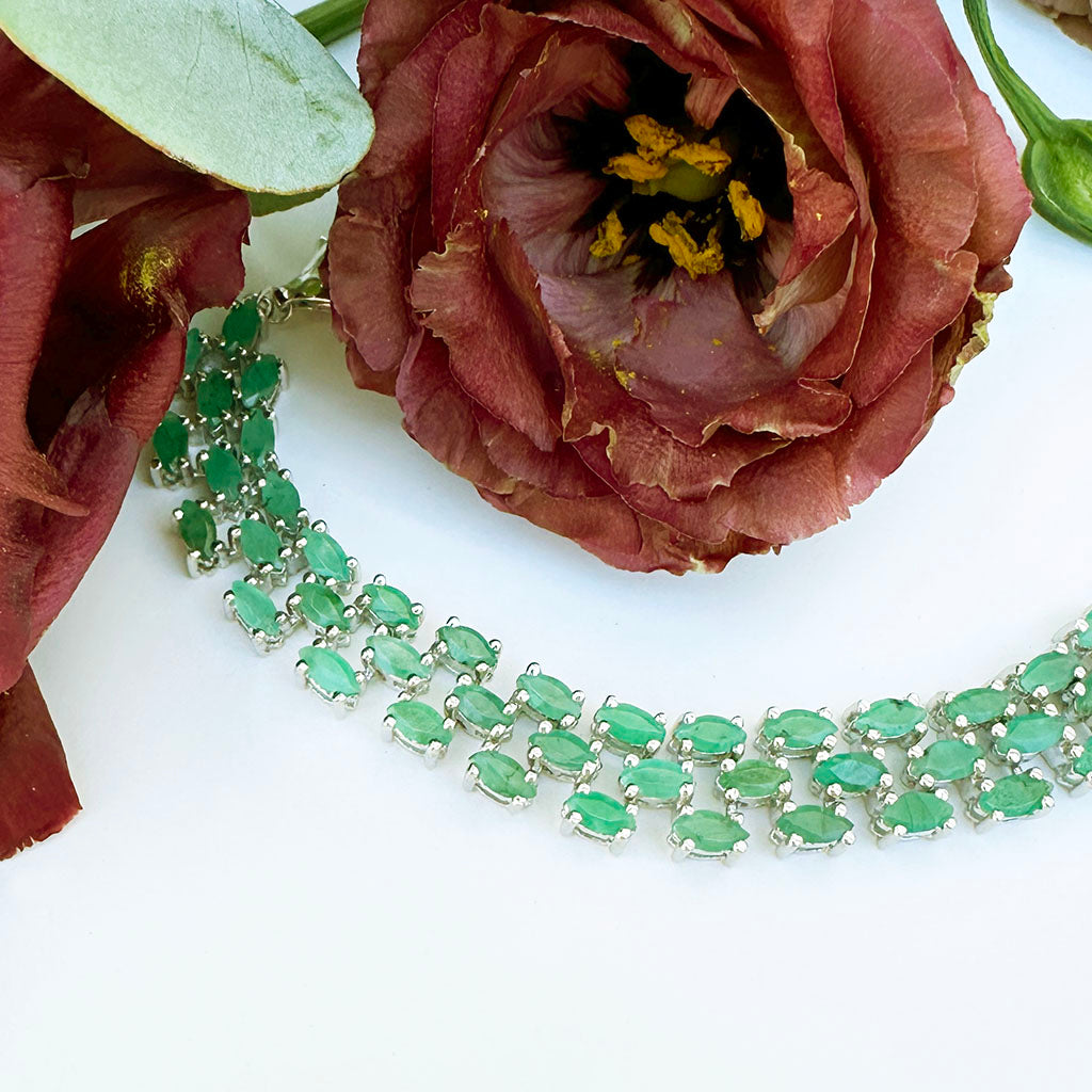 Multi-Stone Oval Cut Emerald Silver Bracelet
