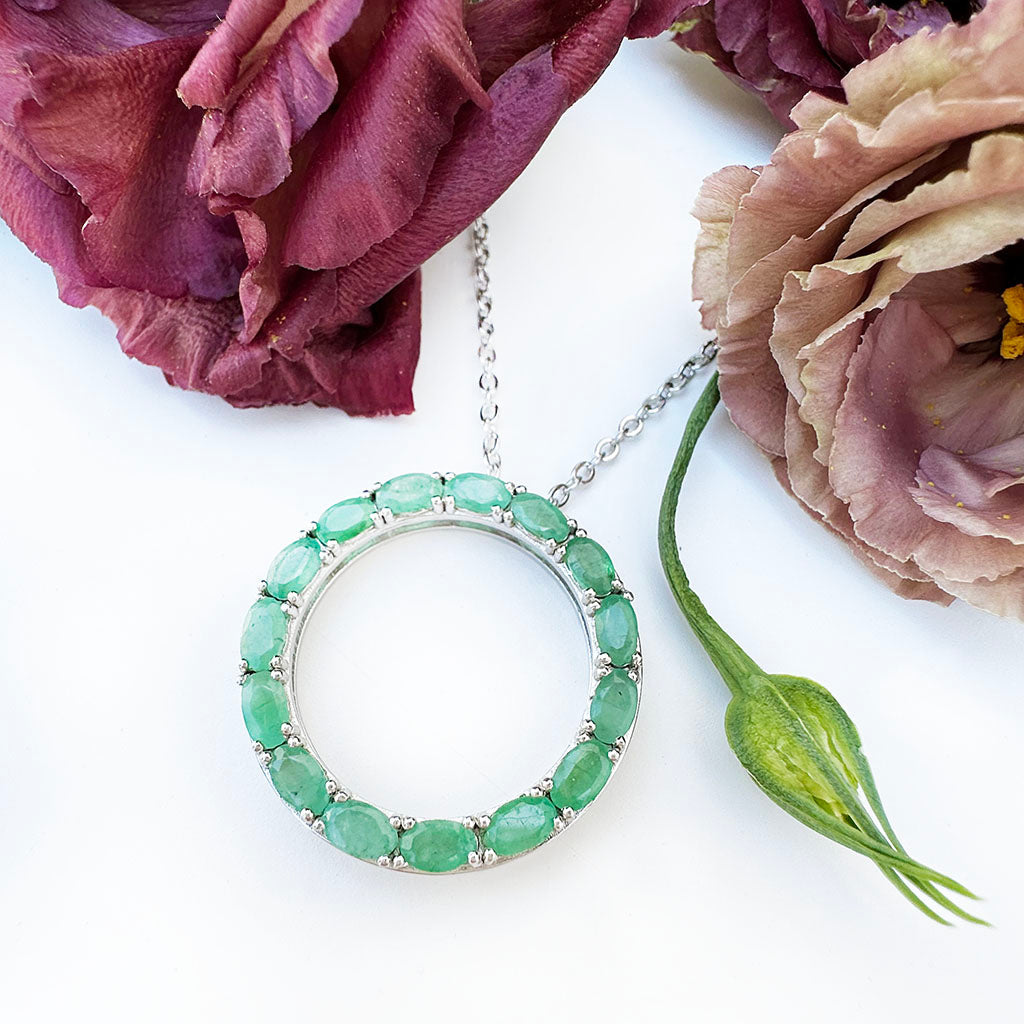 Oval Cut Emerald Halo Silver Pendant