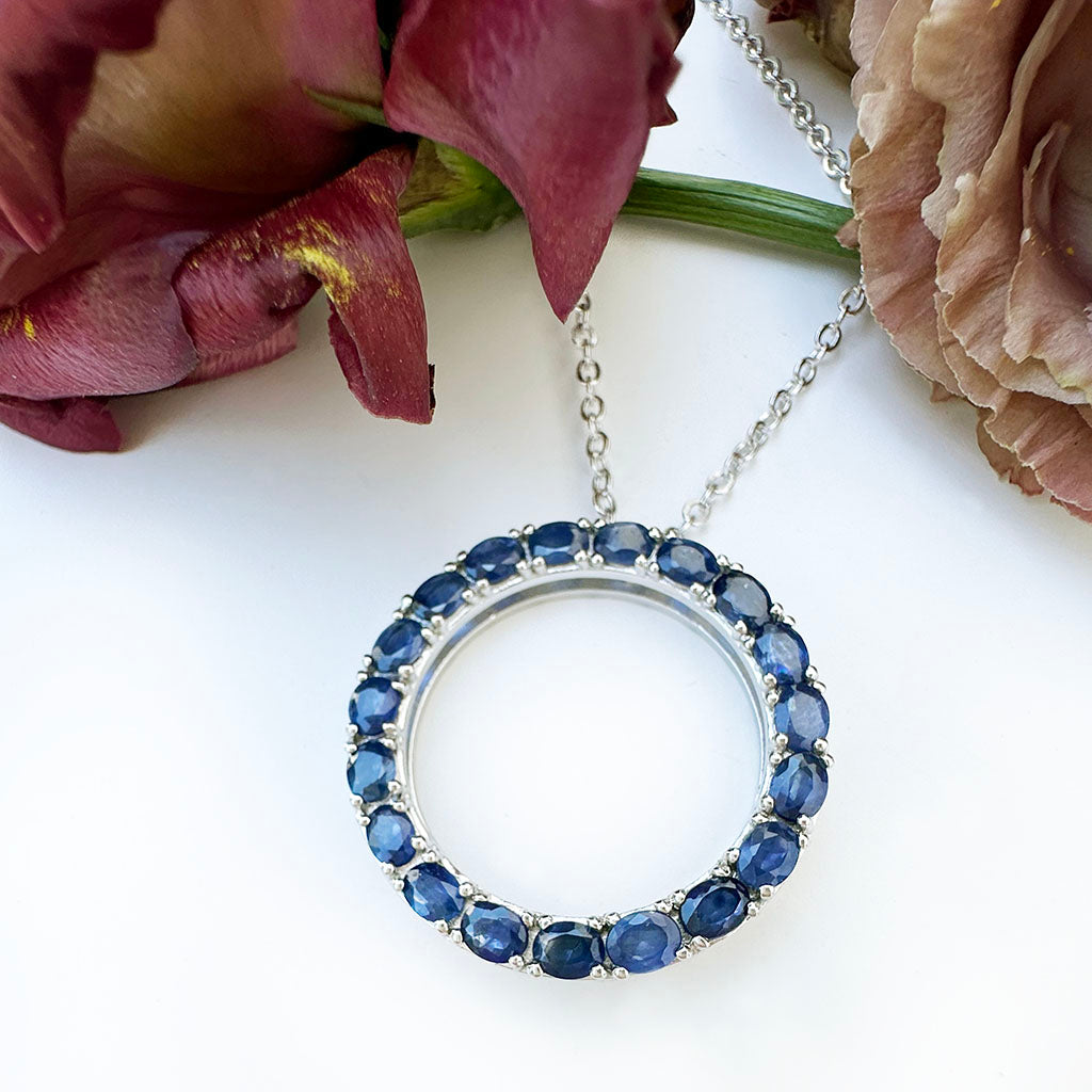 Oval Cut Sapphire Halo Silver Pendant