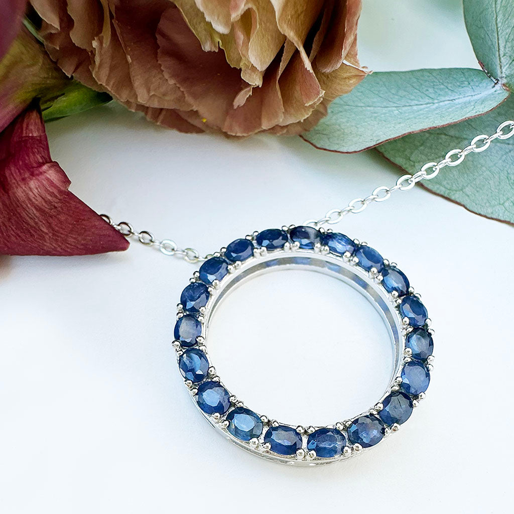 Oval Cut Sapphire Halo Silver Pendant