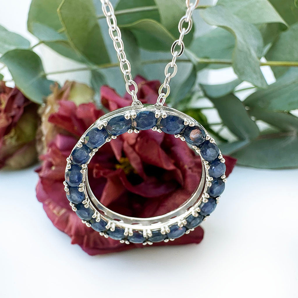 Oval Cut Sapphire Halo Silver Pendant