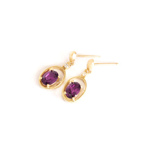 Oval Yellow Gold Grape Garnet Drop Earrings