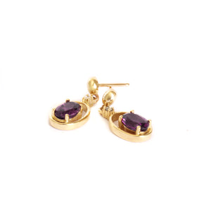 Oval Yellow Gold Grape Garnet Drop Earrings