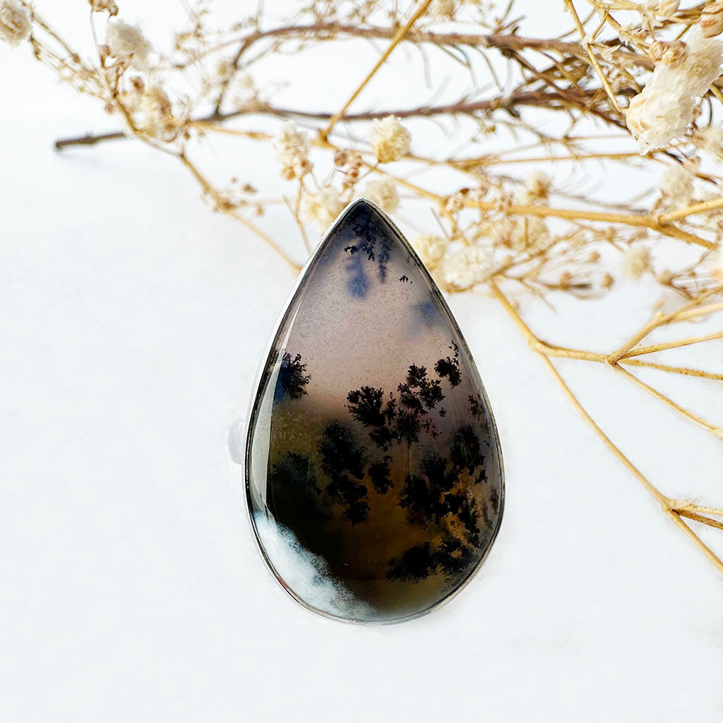 Natural Freeform Pear Cut Dendritic Agate Silver Ring - 33mm x 20mm