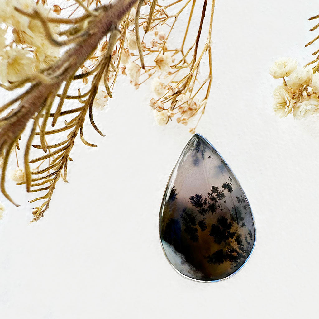 Natural Freeform Pear Cut Dendritic Agate Silver Ring - 33mm x 20mm