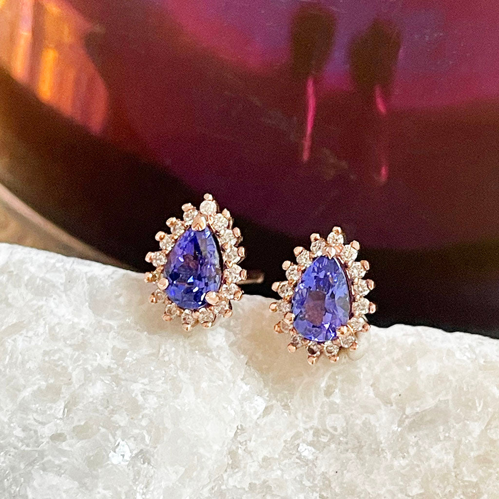 Pear Cut Diamond Halo Tanzanite rose gold stud earrings