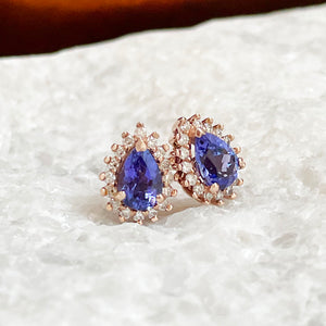Pear Cut Diamond Halo Tanzanite rose gold stud earrings