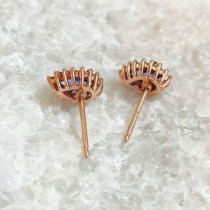 Pear Cut Diamond Halo Tanzanite rose gold stud earrings
