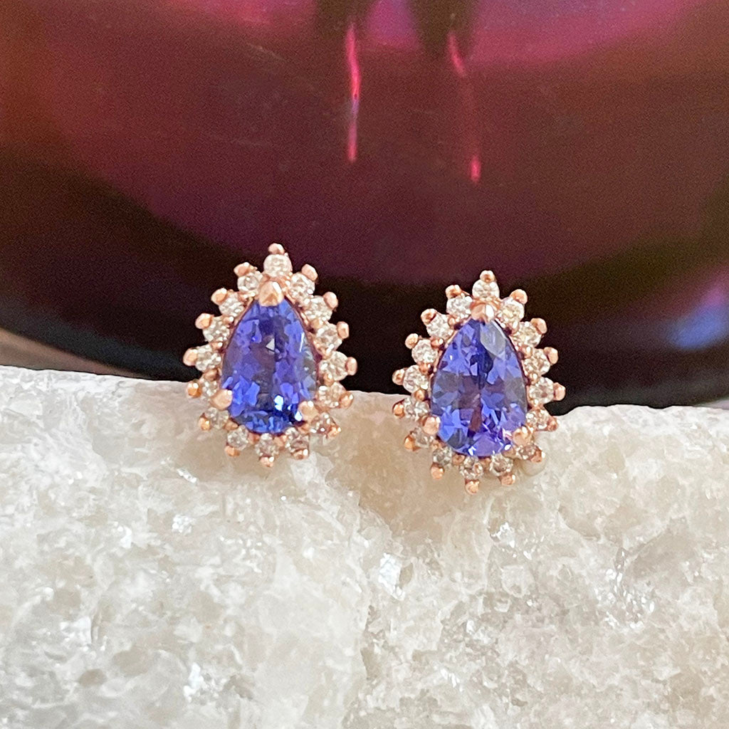Pear Cut Diamond Halo Tanzanite rose gold stud earrings