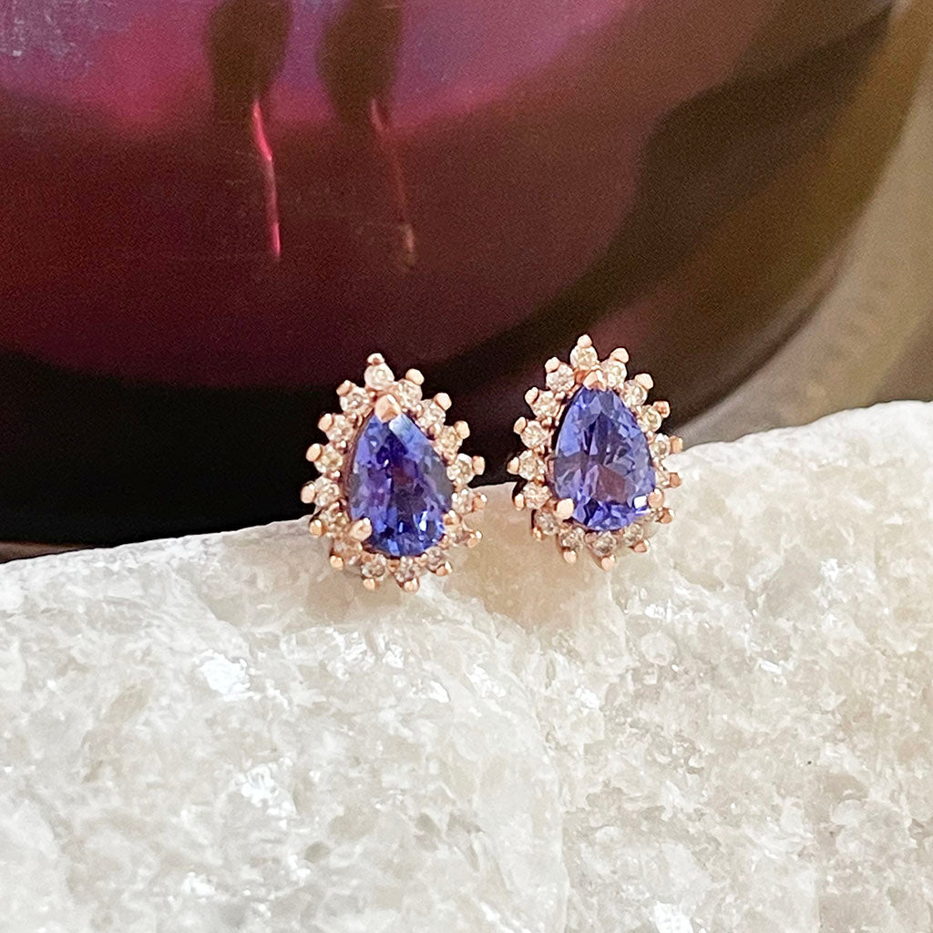 Pear Cut Diamond Halo Tanzanite rose gold stud earrings