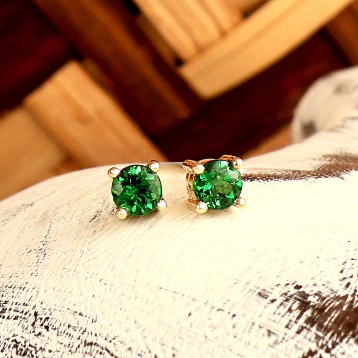 Petite Classic Four Claw Round Cut Tsavorite Yellow Gold Studs