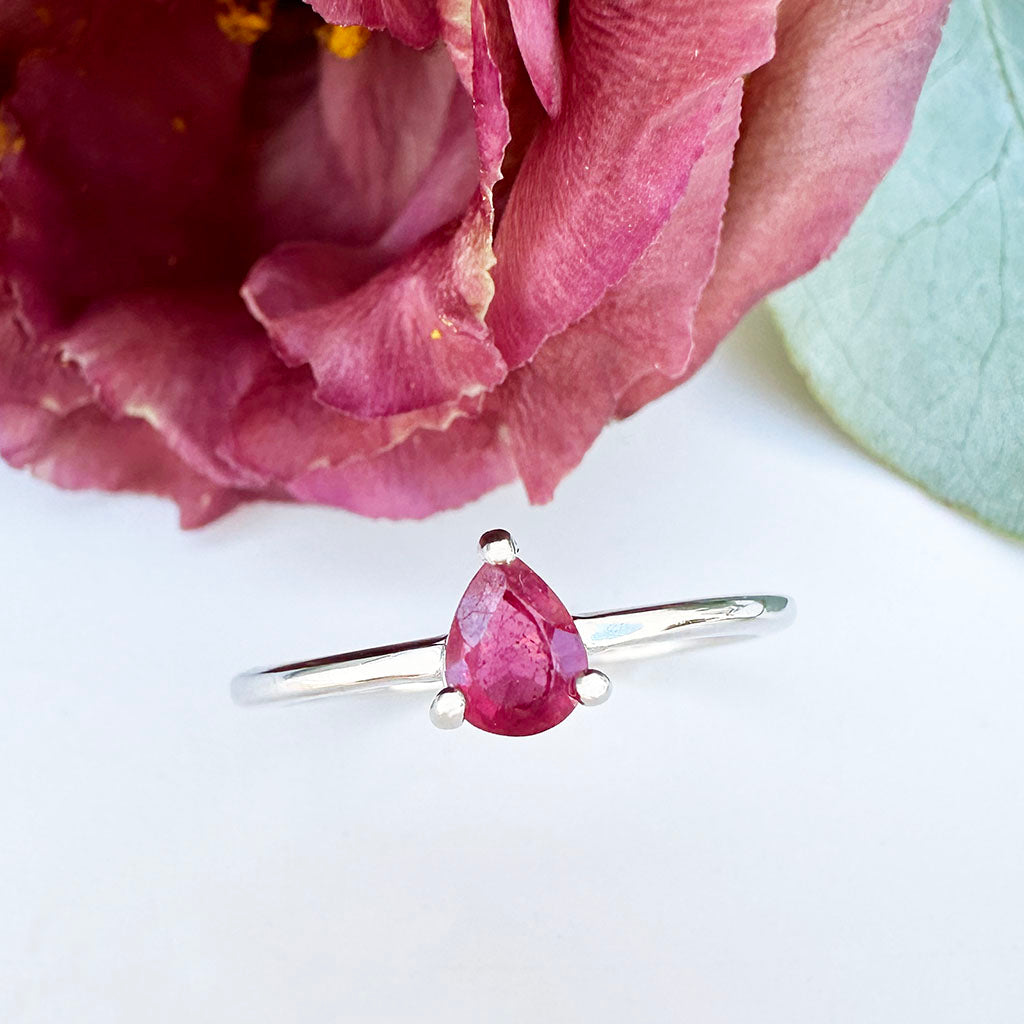 Petite Silver Pear Cut Ruby Ring